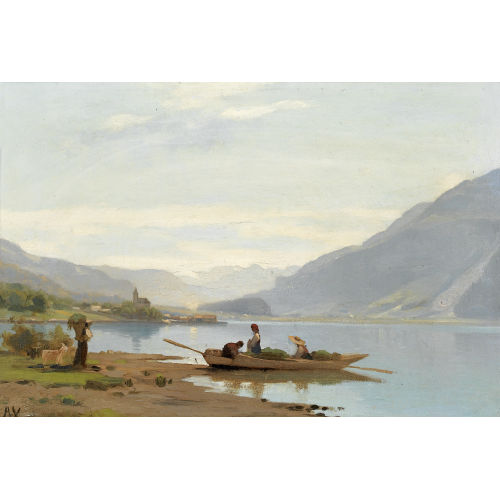 AUGUSTE LOUIS VEILLON : Uferpartie am Brienzersee mit Figurenstaffage (DOBIASCHOFSKY AUKTIONEN AG)