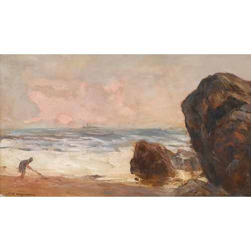 HENRI EDOUARD HUGUENIN-VIRCHAUX : K�stenpartie mit Felsen und Figur (DOBIASCHOFSKY AUKTIONEN AG)