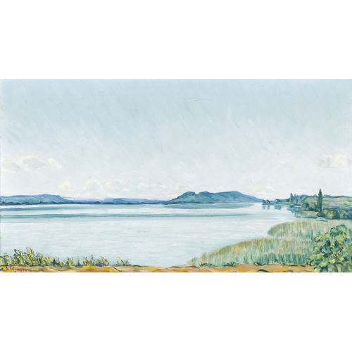 ERNST SAMUEL GEIGER : Blick auf den Bielersee unter blauem Himmel (DOBIASCHOFSKY AUKTIONEN AG)