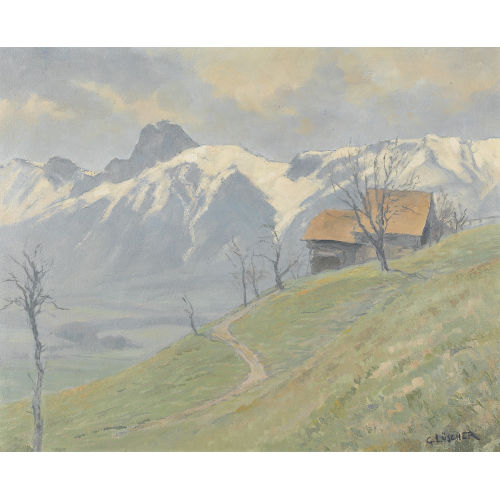 GOTTFRIED L�SCHER : Sonnige Landschaftspartie mit der Stockhornkette (DOBIASCHOFSKY AUKTIONEN AG)