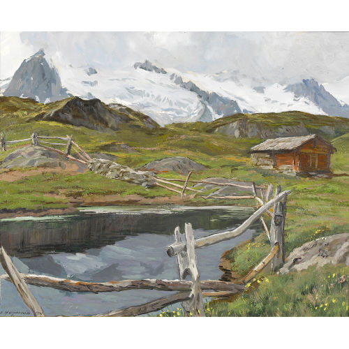 HENRI EDOUARD HUGUENIN-VIRCHAUX : Walliser Gebirgspartie mit Teich auf einer Alp (DOBIASCHOFSKY AUKTIONEN AG)