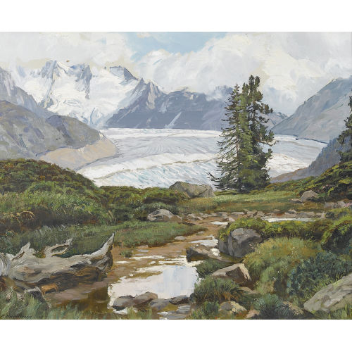 HENRI EDOUARD HUGUENIN-VIRCHAUX : Sommerliche Ansicht des Aletschgletschers (DOBIASCHOFSKY AUKTIONEN AG)