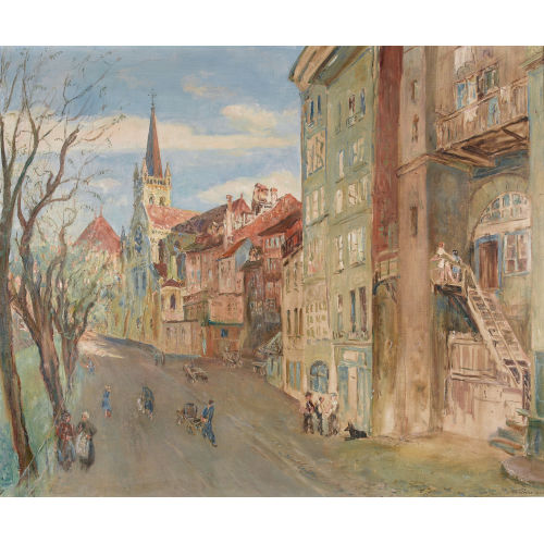 ADOLF TIECHE : Ansicht der Brunngasshalde in Bern bei sonnigem Himmel (DOBIASCHOFSKY AUKTIONEN AG)