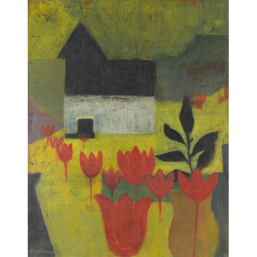 WALTER NUSSBAUM : Komposition mit abstrahiertem Haus und Blumen (DOBIASCHOFSKY AUKTIONEN AG)