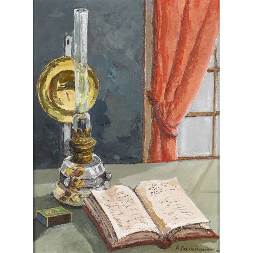 ALBERT NEUENSCHWANDER : 'Stillleben mit Petroleumlampe, Buch und Z�ndholzschachtel' (DOBIASCHOFSKY AUKTIONEN AG)