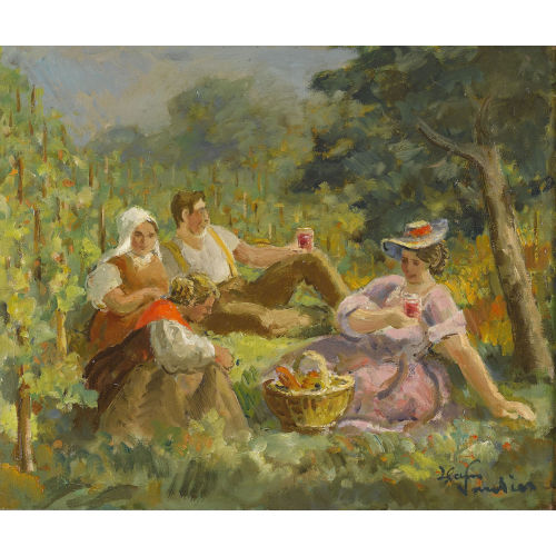 HANS VAUTIER : Weinbauern beim Fr�hst�ck im Freien (DOBIASCHOFSKY AUKTIONEN AG)