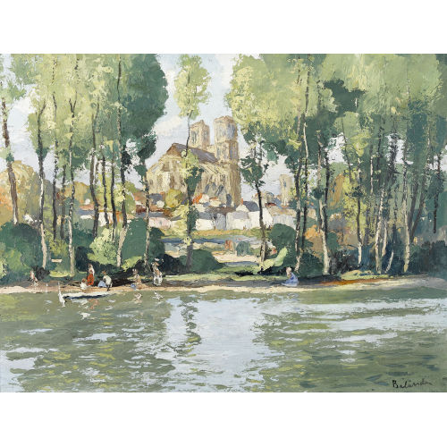 GASTON BALANDE : Sommerliche Flusspartie mit der Kathedrale von Mantes (DOBIASCHOFSKY AUKTIONEN AG)