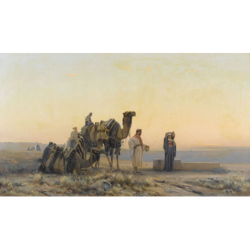 AUGUSTE LOUIS VEILLON : Abendliche Kamelrast von Beduinen bei einem Brunnen (DOBIASCHOFSKY AUKTIONEN AG)