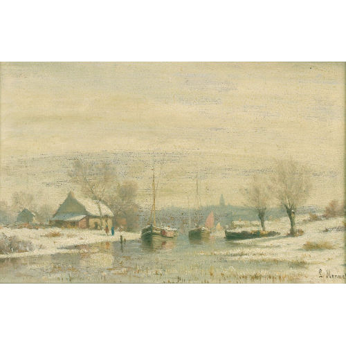 LOUIS MENNET : Winterliche Flussuferpartie mit Booten (DOBIASCHOFSKY AUKTIONEN AG)
