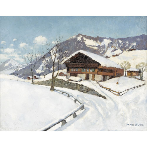 MAX BURI : Winterlandschaft mit Chalet unter blauem Himmel (DOBIASCHOFSKY AUKTIONEN AG)