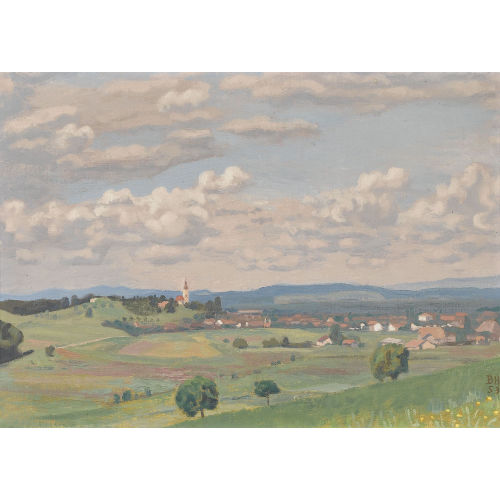BRUNO HESSE : Ebene Landschaftspartie mit Kirche auf H�gel (DOBIASCHOFSKY AUKTIONEN AG)
