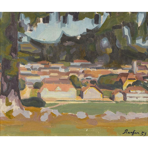 FRED STAUFFER : Sommerliche Landschaftspartie mit Ortschaft (DOBIASCHOFSKY AUKTIONEN AG)