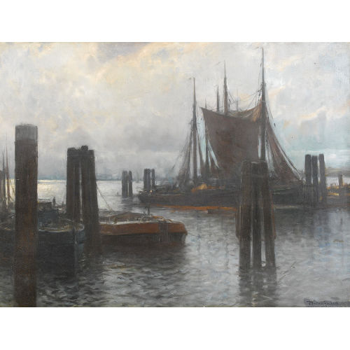 FRANZ JOHANN M�LLER-GOSSEN : Hafenpartie mit K�hnen und Seglern (DOBIASCHOFSKY AUKTIONEN AG)