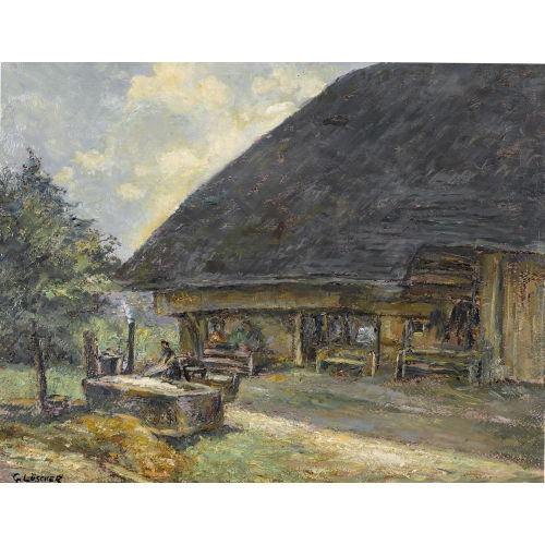 GOTTFRIED L�SCHER : 'Bauernhaus mit W�scherin am Brunnen' (DOBIASCHOFSKY AUKTIONEN AG)