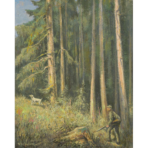 GOTTFRIED L�SCHER : 'Waldlichtung mit J�ger und Hund' (DOBIASCHOFSKY AUKTIONEN AG)