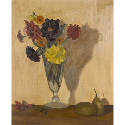 JEAN VERDIER : Stillleben mit Blumen in Glasvase und Birnen (DOBIASCHOFSKY AUKTIONEN AG)