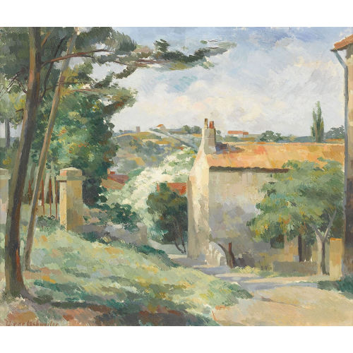MAX HEGETSCHWEILER : Strassenpartie mit H�usern in h�geliger Landschaft (DOBIASCHOFSKY AUKTIONEN AG)