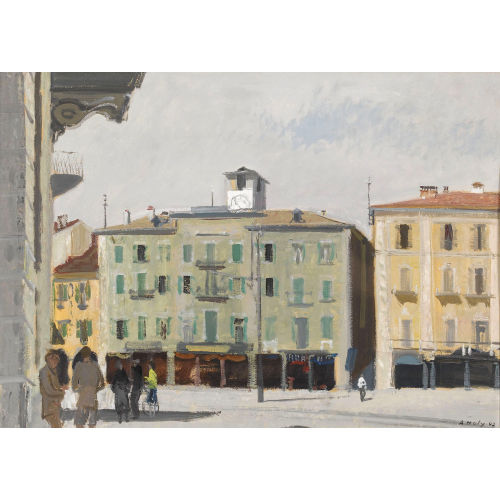 ADRIEN HOLY : Partie auf der Piazza Grande in Locarno mit Figurenstaffage (DOBIASCHOFSKY AUKTIONEN AG)
