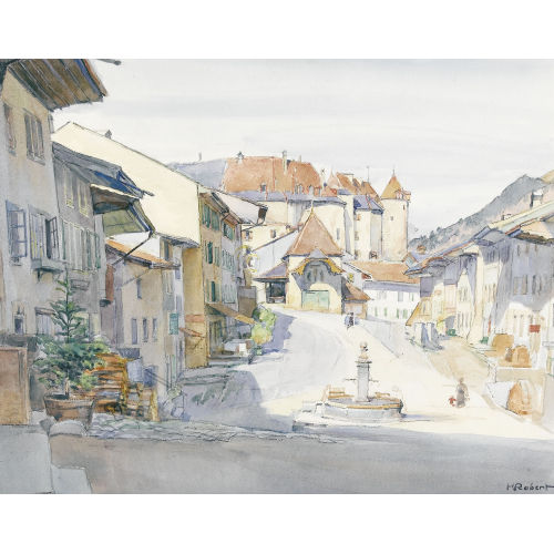 HENRI MARCEL ROBERT : Ansicht der Route du Bourg mit Schloss in Greyerz (DOBIASCHOFSKY AUKTIONEN AG)