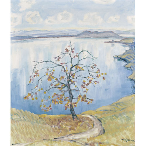 ERNST SAMUEL GEIGER : Herbstliche Ansicht des Bielersees mit Obstbaum (DOBIASCHOFSKY AUKTIONEN AG)