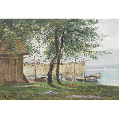 LOUIS MENNET : Sommerliche Seeuferpartie mit H�tte und Boot (DOBIASCHOFSKY AUKTIONEN AG)
