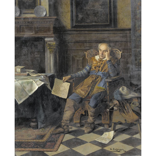 ERWIN EICHINGER : Renaissance-Interieur mit Stratege in Lehnstuhl (DOBIASCHOFSKY AUKTIONEN AG)