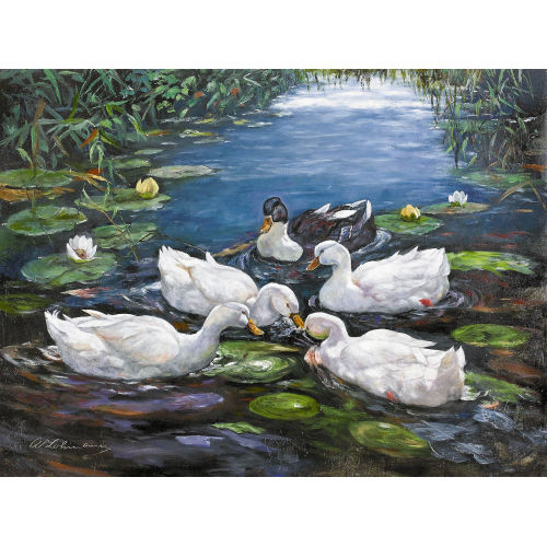 ADOLF LOHMANN : F�nf Enten auf einem Teich mit Schilf und Seerosen (DOBIASCHOFSKY AUKTIONEN AG)