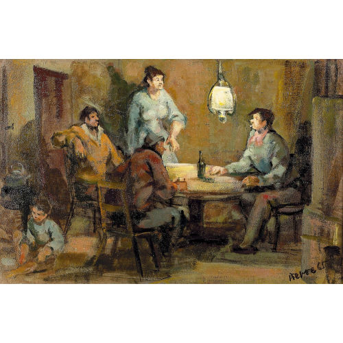 PIERRE STAMPFLI : Stubeninterieur mit Arbeitern (DOBIASCHOFSKY AUKTIONEN AG)