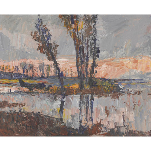 MAX ROBERT THEYNET : Expressive Uferlandschaft mit Bergkette (DOBIASCHOFSKY AUKTIONEN AG)