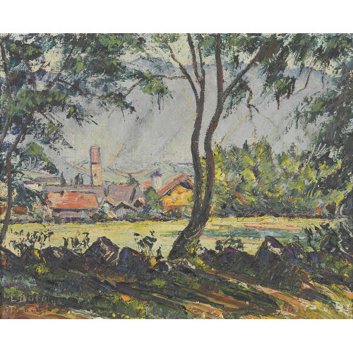 LOUIS D�RR : Blick auf Unterseen durch B�ume (DOBIASCHOFSKY AUKTIONEN AG)