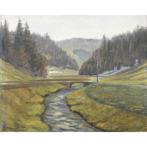 MAX CLEMENT : Bewaldete H�gellandschaft mit Fluss und Br�cke (DOBIASCHOFSKY AUKTIONEN AG)