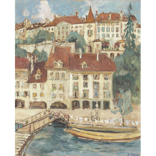 ADOLF TIECHE : Ansicht der Matte an der Aare mit unterer Berner Altstadt (DOBIASCHOFSKY AUKTIONEN AG)
