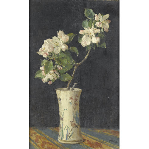 ALBERT ANKER : Stillleben mit Kirschbaumzweig in japanischer Vase (DOBIASCHOFSKY AUKTIONEN AG)