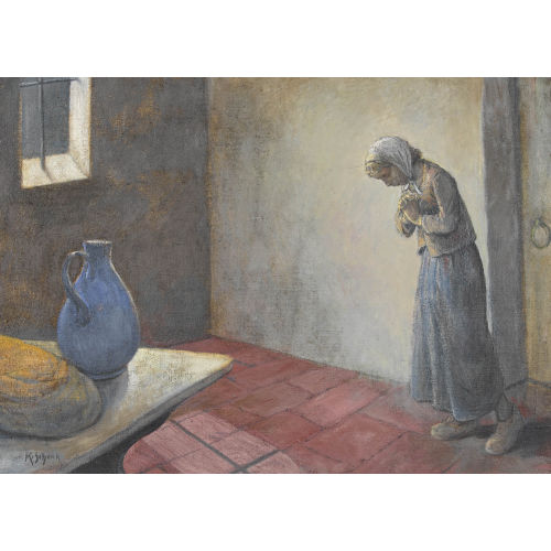 KARL SCHENK : Betendes M�dchen in Interieur mit Krug und Brot (DOBIASCHOFSKY AUKTIONEN AG)