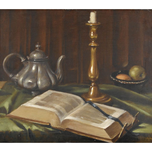 ALFRED ANKLIN : Stillleben mit Buch, Kanne, Kerzenstock und Fr�chten (DOBIASCHOFSKY AUKTIONEN AG)