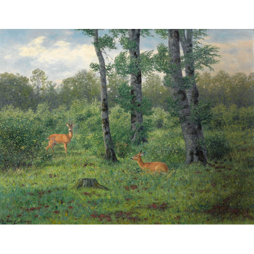 KRISTIAN HAUG : Zwei Rehe in Waldlichtung (DOBIASCHOFSKY AUKTIONEN AG)