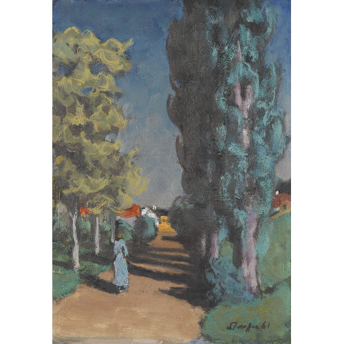 FRED STAUFFER : Sommerliche Landschaftspartie mit Figur in einer Allee (DOBIASCHOFSKY AUKTIONEN AG)
