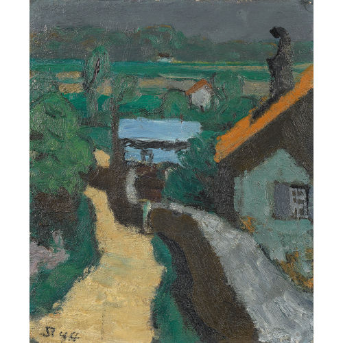 FRED STAUFFER : Sommerliche Landschaftspartie mit H�usern bei einem Bach (DOBIASCHOFSKY AUKTIONEN AG)