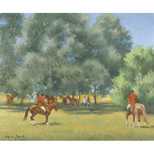 MARCUS JACOBI : Sommerlandschaft mit Jagdgesellschaft und Pferden (DOBIASCHOFSKY AUKTIONEN AG)
