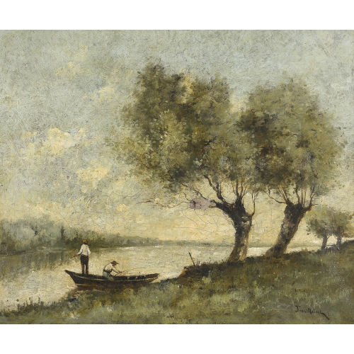 PAUL-DESIRE TROUILLEBERT : Uferpartie mit Boot und zwei Anglern (DOBIASCHOFSKY AUKTIONEN AG)