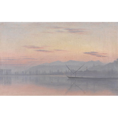 ALEXIS VAUTIER : D�mmerige Uferpartie am Lac L�man mit Seglern (DOBIASCHOFSKY AUKTIONEN AG)