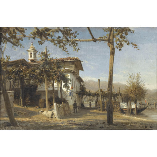 KARL GIRARDET : Uferpartie am Lago Maggiore mit Kirche und Figurenstaffage (DOBIASCHOFSKY AUKTIONEN AG)