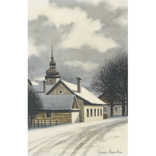 JACQUES DEPERTHES : Winterliche Dorfpartie mit Kirchturm (DOBIASCHOFSKY AUKTIONEN AG)