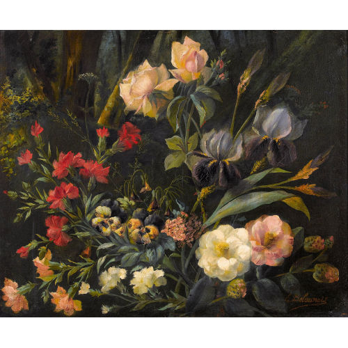 EDGAR DELAUNOIS : Reiches Blumenstillleben mit Nelken, Rosen und Iris (DOBIASCHOFSKY AUKTIONEN AG)