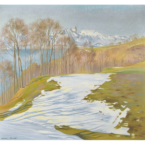 MARCUS JACOBI : Sonnige Vorfr�hlingslandschaft �ber dem Thunersee (DOBIASCHOFSKY AUKTIONEN AG)