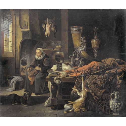 WILLEM KALF : K�cheninterieur mit reich gedecktem Tisch und B�uerin (DOBIASCHOFSKY AUKTIONEN AG)