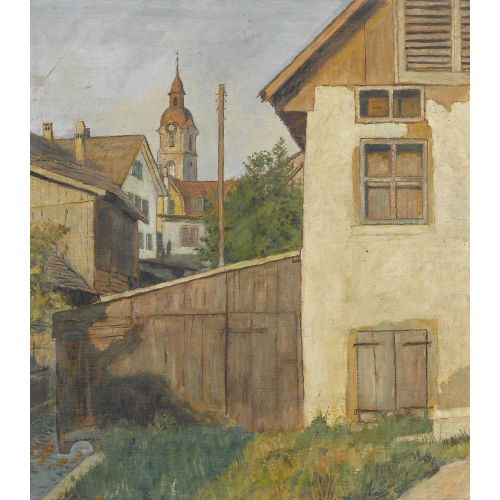 HANS MUNZINGER : H�userpartie in Olten mit Kirchturm (DOBIASCHOFSKY AUKTIONEN AG)