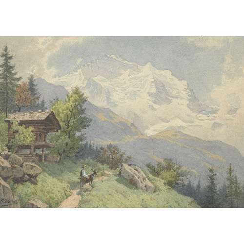 WILHELM BERNHARD BENTELI : Gebirgspartie mit Chalet am Hang vor der Jungfrau (DOBIASCHOFSKY AUKTIONEN AG)