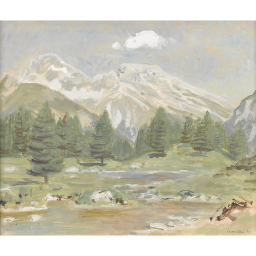 FRED STAUFFER : Sommerliche Gebirgspartie mit Nadelwald bei einem Bergsee (DOBIASCHOFSKY AUKTIONEN AG)