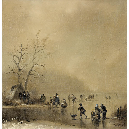 HUBERT VAN STEEL : Winterliche Szene mit Schlittschuhl�ufern (DOBIASCHOFSKY AUKTIONEN AG)